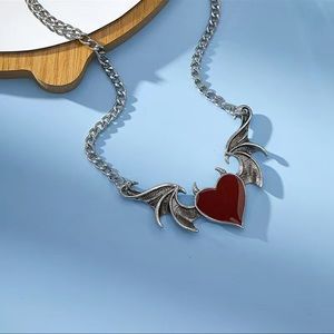 💜New Wings Love Heart pendant necklace- silver antique look with red heart